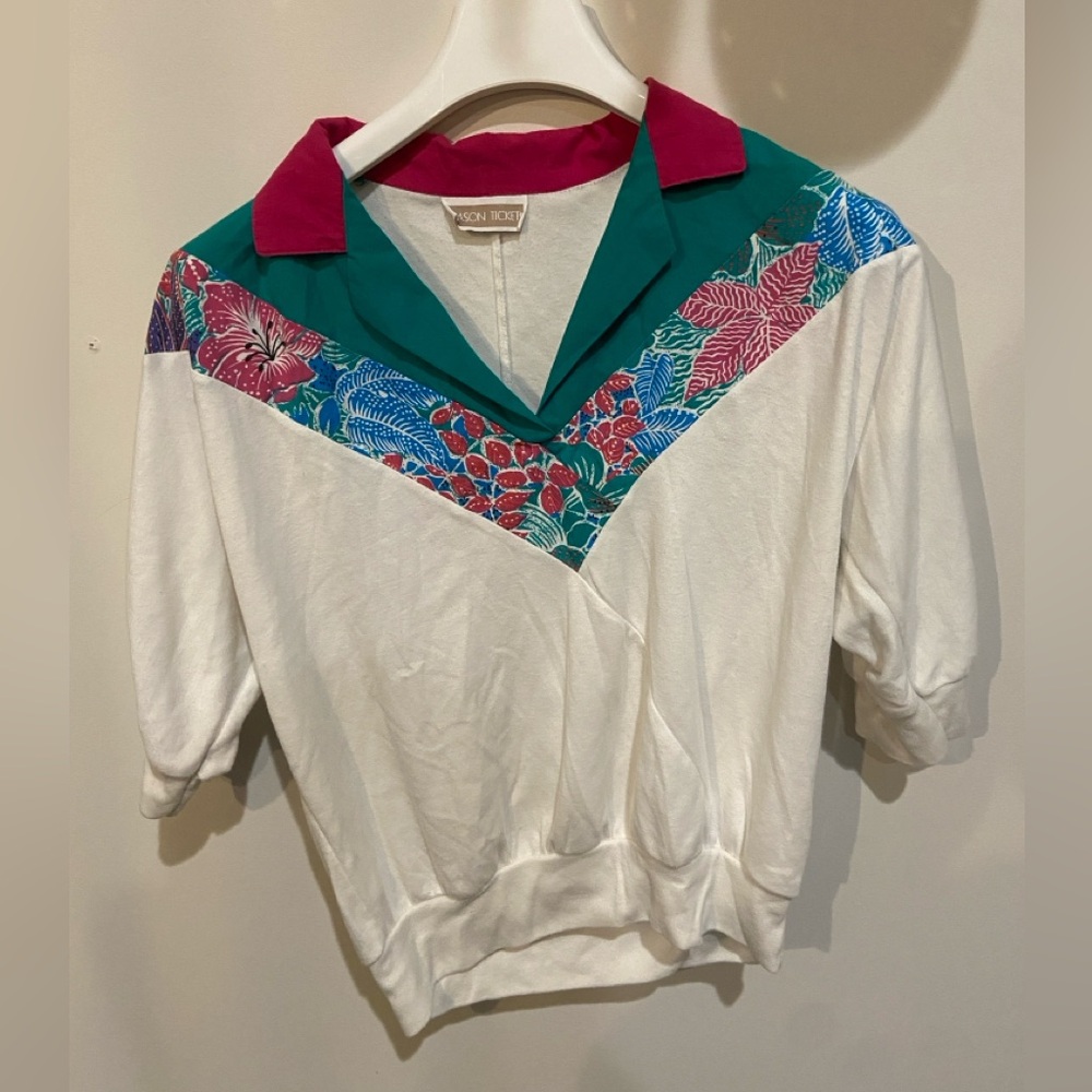 Vintage Women's Floral Top - White and Green